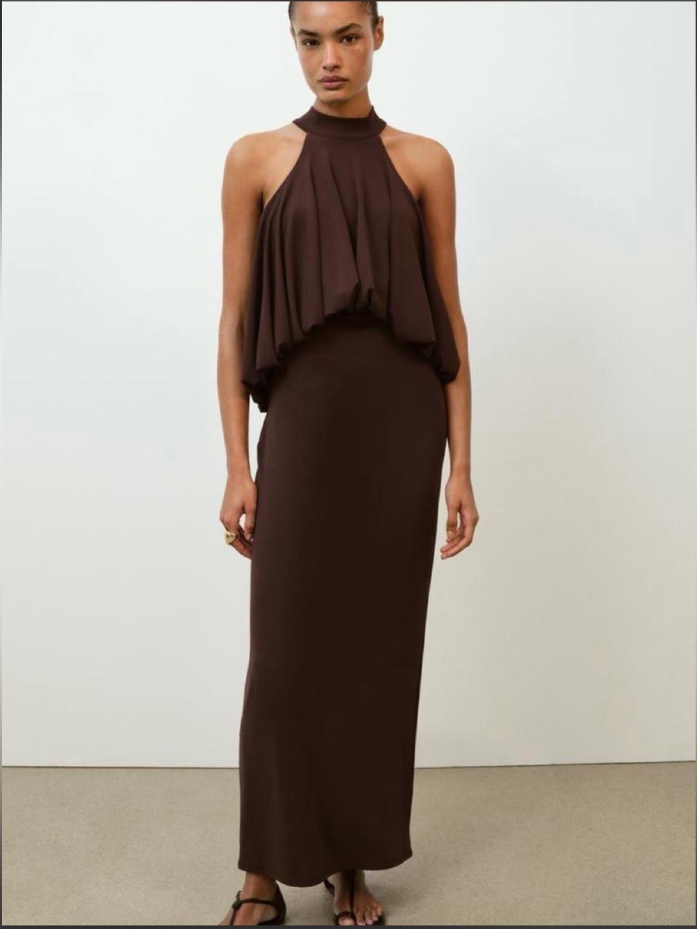 Zara Chocolate Brown Halter Draped Maxi Dress